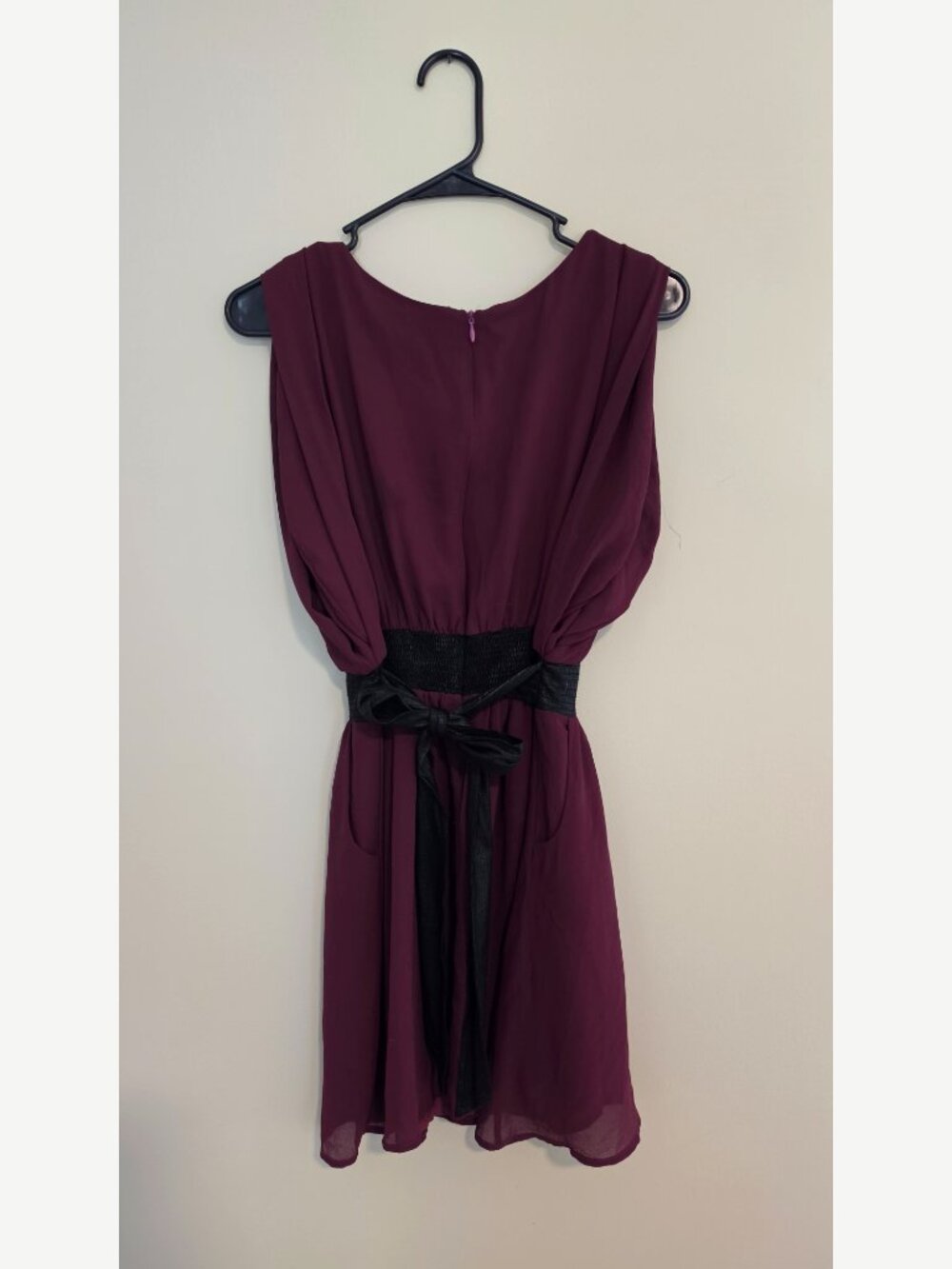 Double Zero Plum Burgundy Chiffon Mini Dress Black Waistband Sash - Size S - Picture 3 of 4